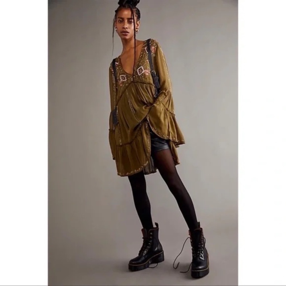 Free People California Dreams Embellished Beaded Bell Sleeve Mini Dress Olive XS